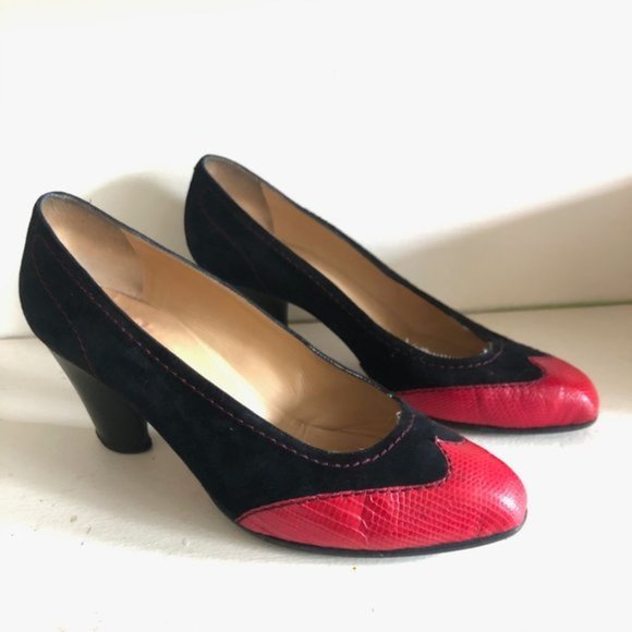 Vtg BOTTEGA VENETA Wingtip Snakeskin Leather Suede Contrast Stitch Heels 6.5 - Picture 2 of 16